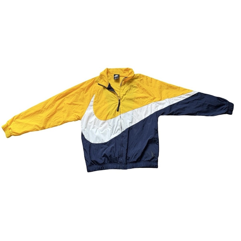 Nike Windbreaker Jacket Mens Small Yellow Navy Big Swoosh Full Zip Vintage Style
